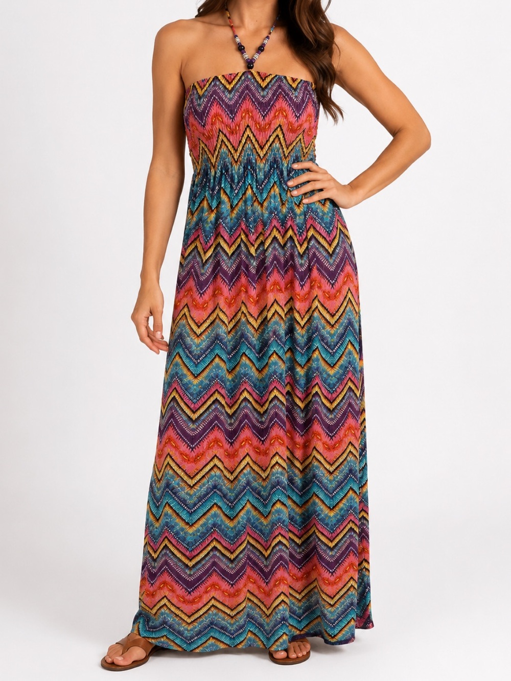 Just Love Chevron Strapless Maxi Dress Colorful Boho Smocked Size Large
